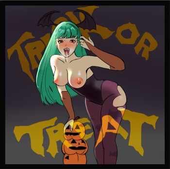 1girl animal_print bat_print bat_wings blush breasts bridal_gauntlets corset darkstalkers drooling green_eyes green_hair head_wing highres jack-o'-lantern large_breasts leaning_forward long_hair looking_at_viewer morrigan_aensland nipples pantyhose pumpkin saliva simple_background solo straight_bangs straight_hair sunbeam_(artist) tongue tongue_out torn_clothes wings