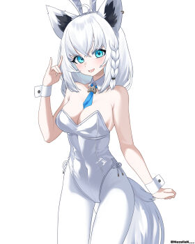 1girl \m/ absurdres animal_ear_hairband animal_ear_piercing animal_ears artist_name blue_eyes blue_necktie braid breasts cleavage commentary covered_navel crossed_bangs detached_collar fake_animal_ears fox_ears fox_girl fox_tail hairband highres hololive leotard looking_at_viewer mazellan necktie nontraditional_playboy_bunny open_mouth pantyhose rabbit_ear_hairband rabbit_ears shirakami_fubuki short_necktie side-tie_leotard side_braid simple_background solo tail virtual_youtuber white_background white_hair white_leotard white_pantyhose white_wrist_cuffs wrist_cuffs
