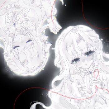 1girl black_background bloom closed_eyes dress greyscale hands_up highres holding holding_string interlocked_fingers isolde_(reverse:1999) juliet_sleeves long_hair long_sleeves looking_at_viewer lv11 monochrome multiple_views own_hands_together parted_lips puffy_sleeves purple_eyes reverse:1999 rotational_symmetry smile spot_color string string_of_fate upside-down