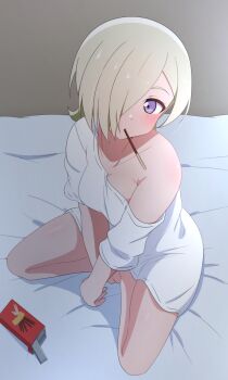 #yukitannpo 1girl absurdres blonde_hair blue_eyes breasts cleavage commentary english_commentary food food_in_mouth from_behind hair_over_one_eye highres light_blush looking_to_the_side love_live! love_live!_nijigasaki_high_school_idol_club medium_breasts mia_taylor nijigasaki_school_uniform off_shoulder on_bed pocky pocky_in_mouth school_uniform shirt sitting solo white_shirt