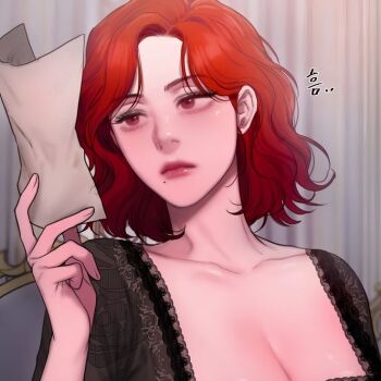 1girl artist_request bedroom black_lingerie blush breasts cleavage flower half-closed_eyes holding holding_towel ily_of_the_valley indoors korean_webtoon_style lace_lingerie light_blush lily_of_the_valley looking_to_the_side mole mole_under_mouth pink_eyes red_hair rose_blake_(lily_of_the_valley) short_hair sitting solo source_request towel wavy_hair