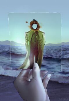 Rule 34 | 1boy, 1other, absurdres, beach, burnt paper, censored, censored identity, commentary, english commentary, highres, holding, holding photo, kim dokja, male focus, mountainous horizon, multiple scars, omniscient reader's viewpoint, outdoors, photo (object), pov, pov hands, scar, scar on hand, shore, variant set, yoo joonghyuk, yu shiro ki