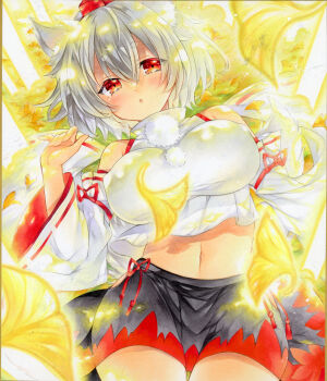 1girl :o arm_at_side black_skirt breasts commentary_request covered_erect_nipples cowboy_shot crop_top cropped_shirt detached_sleeves double-parted_bangs furisode_sleeves ginkgo_leaf grey_hair hair_between_eyes hand_up impossible_clothes impossible_shirt inubashiri_momiji large_breasts leaf long_bangs long_sleeves looking_at_viewer marker_(medium) midriff miniskirt navel parted_lips red_eyes red_shorts shirt short_hair shorts shorts_under_skirt skirt solo takadono318 thigh_gap touhou traditional_media white_shirt wide_sleeves