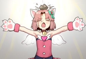 1girl =_= absurdres animal_ears animal_hands bare_shoulders bell blood blood_from_forehead blood_on_face bow cat_ears closed_eyes collar ebora facing_viewer fang flat_chest gloves hair_bow highres injury moneko_(nyanko_daisensou) neck_bell nyanko_daisensou open_mouth outstretched_arms parted_lips paw_gloves pink_hair pink_shirt rock shirt short_hair solo spread_arms strapless strapless_shirt sweatdrop upper_body wings