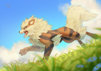 animal_focus arcanine blue_sky claws fangs flower gen_1_pokemon girlsroka grass highres nintendo no_humans open_mouth orange_fur outdoors pokemon pokemon_(creature) pokemon_focus sharp_teeth sky tail teeth