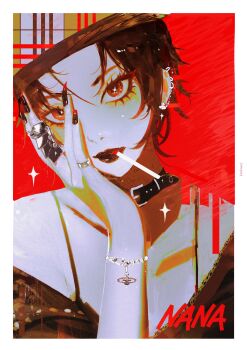 Rule 34 | 1girl, absurdres, bare shoulders, black choker, black hair, black lips, border, bracelet, brown eyes, choker, cigarette, commentary, copyright name, dio knarf, ear piercing, earrings, four-pointed star, hand on own face, head tilt, highres, jacket, jewelry, looking at viewer, nail polish, nana (series), osaki nana, piercing, red background, ring, short hair, solo, star (symbol), star in eye, symbol in eye, unlit cigarette in mouth, upper body, white border