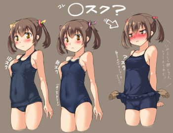 1girl :< arms_behind_back arrow_(symbol) assisted_exposure blue_one-piece_swimsuit blush breasts brown_hair casual_one-piece_swimsuit clothes_lift comparison competition_school_swimsuit covered_erect_nipples covered_navel cowboy_shot cropped_legs embarrassed evolution frilled_swimsuit frills from_side frown grey_background grey_hair hair_bobbles hair_ornament hair_ribbon hand_on_own_chest imazon looking_at_viewer navel nontraditional_school_swimsuit nose_blush old_school_swimsuit one-piece_swimsuit orange_eyes original ribbon school_swimsuit short_hair short_twintails simple_background skirt skirt_lift small_breasts standing swimsuit swimsuit_skirt tears translation_request twintails yellow_eyes