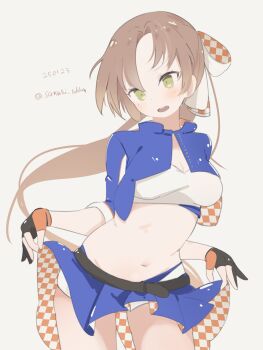 1girl akigumo_(kancolle) akigumo_kai_ni_(kancolle) akigumo_kai_ni_(race_queen)_(kancolle) bandeau blue_jacket breasts brown_hair checkered_clothes cropped_jacket dated gloves green_eyes grey_background highres jacket kantai_collection long_hair medium_breasts midriff multicolored_gloves official_alternate_costume one-hour_drawing_challenge partially_fingerless_gloves ponytail race_queen ribbon satsuki_tooka shorts shorts_under_skirt simple_background skirt_hold solo twitter_username two-tone_bandeau white_bandeau white_ribbon white_shorts