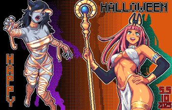 2girls ancient_egyptian ancient_egyptian_clothes animal_ears armlet bags_under_eyes black_hair breasts cleavage dark-skinned_female dark_skin dated gold_armlet gold_thighlet hair_between_eyes jackal_ears jewelry katou_asuka kuroki_tomoko large_breasts long_hair medium_breasts multiple_girls mummy navel open_mouth pelvic_curtain pink_hair pixel_art santiagodraws smile thighlet watashi_ga_motenai_no_wa_dou_kangaetemo_omaera_ga_warui!