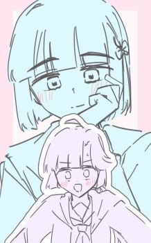 Rule 34 | 2girls, ahoge, anyoji hime, blush, border, closed mouth, commentary, doujinshi cover trope (trend), hand on own cheek, hand on own face, hasu no sora school uniform, highres, hood, hooded jacket, jacket, link! like! love live!, long hair, long sleeves, love live!, mihasu ll, momose ginko, multiple girls, multiple monochrome, neckerchief, nervous smile, open clothes, open jacket, open mouth, outline, outside border, pink border, ponytail, sailor collar, school uniform, sidelocks, simple background, smile, split mouth, spot color, sweatdrop, virtual youtuber, white background, white outline, winter uniform