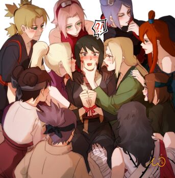!? 6+girls akatsuki_uniform bandaged_arm bandages black_eyes black_hair black_kimono black_shirt blonde_hair blue_dress blue_hair blush brown_eyes brown_hair brown_jacket closed_mouth double_bun dress forehead_protector green_eyes green_jacket hair_bun hand_on_another&#039;s_face harem haruno_sakura highres jacket japanese_clothes kimono konan_(naruto) konohagakure_symbol long_hair long_sleeves may_c mitarashi_anko multiple_girls naruto_(series) naruto_shippuuden nohara_rin open_mouth pink_hair ponytail purple_hair red_hair red_shirt restrained shirt shizune_(naruto) short_hair sleeveless sleeveless_shirt smile sweatdrop temari_(naruto) tenten_(naruto) terumi_mei tsunade_(naruto) white_background white_shirt yamanaka_ino yuri yuuhi_kurenai