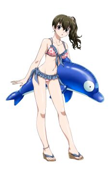 Rule 34 | 1girl, :o, anklet, bare arms, bare legs, bikini, breasts, brown hair, cleavage, collarbone, flip-flops, floral print, flower, frilled bikini, frills, front-tie bikini top, front-tie top, full body, groin, hair between eyes, hair flower, hair ornament, hatorion, highres, inflatable dolphin, inflatable toy, jewelry, kyoukai no rinne, long hair, mamiya sakura, medium breasts, nail polish, navel, open mouth, pink flower, pink nails, print bikini, purple eyes, sandals, side-tie bikini bottom, side ponytail, simple background, solo, standing, swimsuit, tachi-e, toenail polish, toenails, white background