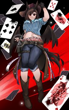 Rule 34 | 1girl, ace (playing card), ace of spades, animal ears, belt, black background, black wings, blue pants, blue shirt, boots, brown hat, card, commentary, cowboy hat, english commentary, five of diamonds, four of clubs, full body, hakurei reimu, hat, highres, horse ears, horse girl, izayoi sakuya, jack (playing card), jack of hearts, king (playing card), king of hearts (playing card), kirisame marisa, kurokoma saki, looking at viewer, pants, pegasus wings, plaid clothes, plaid shirt, playing card, protected link, queen (playing card), queen of spades (playing card), red background, shirt, solo, spade (shape), statisticstater, touhou, wings