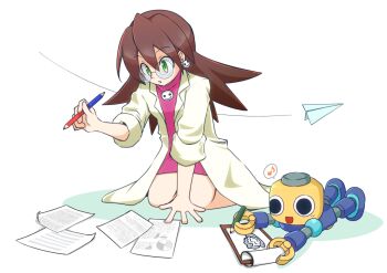 1girl absurdres brooch brown_hair coat dress earrings full_body glasses green_eyes highres jewelry kneeling l861021176 lab_coat long_hair mega_man_(series) mega_man_legends_(series) pink_dress round_eyewear servbot_(mega_man) simple_background skull_brooch skull_earrings tron_bonne_(mega_man) white_background white_coat