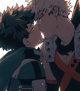 Rule 34 | 2boys, 5mll3, bakugou katsuki, black shirt, blonde hair, boku no hero academia, closed eyes, closed mouth, freckles, green hair, green shirt, hood, imminent kiss, male focus, midoriya izuku, multiple boys, pectoral cleavage, pectorals, profile, shirt, short hair, simple background, spiked hair, superhero costume, upper body, white background, yaoi
