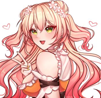 1girl absurdres bare_shoulders blonde_hair blush breasts commentary double-parted_bangs double_bun dress fingernails flower from_side gradient_hair green_eyes hair_between_eyes hair_bun hair_flower hair_ornament hand_up heart heart_in_eye highres hololive large_breasts long_hair looking_at_viewer momosuzu_nene momosuzu_nene_(1st_costume) multicolored_hair nail_polish open_mouth orange_dress pink_hair rosheil simple_background smile solo symbol_in_eye upper_body v virtual_youtuber white_background yellow_nails