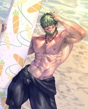 1boy abs alternate_muscle_size bara beach beard bodysuit carless_(ppanic) commentary commission diving_suit english_commentary facial_hair fire_emblem fire_emblem:_the_blazing_blade glint green_hair grin hair_over_eyes hand_on_own_head highres jewelry large_pectorals lowen_(fire_emblem) male_focus male_swimwear muscular muscular_male navel necklace nintendo nipples outdoors pectorals short_hair smile solo surfboard topless_male wet wetsuit
