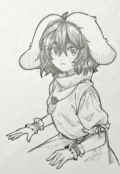 Rule 34 | 1girl, animal ears, blush, carrot necklace, commentary, cropped torso, dress, frilled wrist cuffs, frills, graphite (medium), greyscale, inaba tewi, jewelry, looking at viewer, monochrome, necklace, nio (meple nio), nose blush, rabbit ears, rabbit girl, short hair, short sleeves, small sweatdrop, solo, thick eyebrows, touhou, traditional media, upper body, wrist cuffs