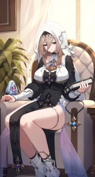 1girl absurdres aponia black_dress blonde_hair blue_eyes blush book boots breasts chair chinese_commentary closed_mouth commentary_request curtains dress hair_between_eyes highres holding holding_book honkai_(series) honkai_impact_3rd indoors large_breasts light_rays long_bangs long_hair long_sleeves looking_at_viewer nun on_chair pelvic_curtain plant potted_plant raijuu_(bakanara) second-party_source sitting smile solo statuette sunlight thigh_strap thighs veil white_boots window