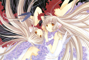 00s 2girls absurdres angel_wings artbook bare_shoulders black_vs_white blonde_hair brown_eyes chii chobits clamp freya freya_(chobits) hair_spread_out highres long_hair multiple_girls official_art robot_ears rotational_symmetry scan siblings sisters traditional_media twins upside-down very_long_hair wings