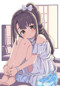 Rule 34 | 1girl, bare shoulders, barefoot, blue shoes, blush, bow, brown eyes, brown hair, closed mouth, commentary request, dot nose, dress, drill hair, full body, hair bow, hair intakes, high heels, hugging own legs, idolmaster, idolmaster cinderella girls, knees up, kuresuku (lessons), long hair, looking at viewer, off-shoulder dress, off shoulder, parted bangs, shimamura uzuki, shoes, short sleeves, sitting, smile, solo, toes, unworn shoes, white bow, white dress