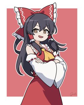 Rule 34 | 1girl, absurdres, ascot, black hair, bow, brown eyes, commentary request, crossed arms, detached sleeves, frilled bow, frilled hair tubes, frills, garloo, hair bow, hair tubes, hakurei reimu, highres, long hair, looking at viewer, open mouth, red background, red bow, red skirt, ribbon-trimmed sleeves, ribbon trim, signature, skirt, skirt set, smile, solo, touhou, white background, yellow ascot