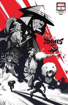 Rule 34 | 2boys, 4girls, absurdres, architecture, bandaid, bandaid on face, bandaid on nose, bug, butterfly, chest sarashi, comic cover, copyright logo, copyright name, cover, cover page, demon days (marvel), east asian architecture, english text, fake horns, gun, hat, hela (marvel), hela (yami no karasu) (marvel), highres, holding, holding gun, holding weapon, horned headwear, horns, insect, japanese clothes, jingasa, logo, long hair, long tongue, luna snow, luna snow (nolaehaneun manyeo), marvel, marvel rivals, mecha, monster boy, multicolored hair, multiple boys, multiple girls, nogisanart, official art, peni parker, peni parker (yatsukahagi), ponytail, psylocke, psylocke (sai), robot, ronin, sarashi, scarf, slime boy, sp//dr, spider-man (series), spider-verse, split-color hair, spot color, the punisher (character), the punisher (dangan ronin) (marvel), the punisher (series), thor (marvel) (series), tongue, venom (marvel), weapon, x-men