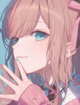 1girl aqua_background aqua_nails blue_eyes brown_hair cardigan closed_mouth commentary eyelashes hands_up lips long_hair looking_at_viewer looking_to_the_side me_meel nail_polish nijisanji own_hands_together pink_cardigan portrait shirt sleeves_past_wrists smile solo steepled_fingers suzuhara_lulu suzuhara_lulu_(1st_costume) symbol-only_commentary virtual_youtuber white_shirt
