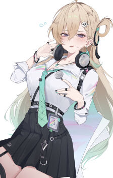 1girl absurdres black_nails black_skirt blonde_hair blush braid braided_bangs breasts coa_(35_seno) collarbone commentary cowboy_shot earrings english_commentary flying_sweatdrops gradient_hair hair_between_eyes hair_ornament headphones headphones_around_neck highres jewelry large_breasts long_hair looking_at_viewer lynae_(wuthering_waves) multicolored_hair nail_polish necklace parted_lips purple_eyes shirt shirt_tucked_in simple_background skirt skull_hair_ornament smile solo star_(symbol) star_earrings thighs very_long_hair white_background white_shirt wuthering_waves