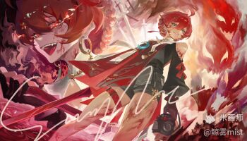 1girl absurdres ahoge bare_shoulders black_bodysuit blood blood_on_face blue_eyes bodysuit clothing_cutout crazy_smile danjin_(wuthering_waves) earrings folded_braid highres holding holding_sword holding_weapon hoop_earrings incredibly_absurdres jewelry liudaohai6001 multiple_views open_mouth parted_lips red_eyes red_hair red_tabard shoulder_cutout smile sword tabard thigh_strap weapon wuthering_waves