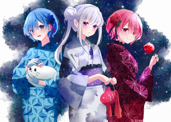 3girls :d absurdres animal asa_no_ha_(pattern) bag blue_eyes blue_flower blue_hair blue_kimono blush braid candy_apple cat closed_mouth elf emilia_(re:zero) flower food gloves grey_hair grey_kimono hair_bun hair_flower hair_ornament hair_over_one_eye hair_ribbon highres holding holding_animal holding_bag holding_food japanese_clothes kimono long_hair long_sleeves looking_at_viewer multiple_girls obi open_mouth pink_eyes pink_hair pink_ribbon pointy_ears pouch print_kimono purple_eyes purple_ribbon rain_re_a ram_(re:zero) re:zero_kara_hajimeru_isekai_seikatsu red_eyes red_flower red_kimono rem_(re:zero) ribbon sash short_hair siblings single_hair_bun sisters sky smile standing star_(sky) starry_sky twins white_gloves white_hair white_kimono wide_sleeves x_hair_ornament yukata