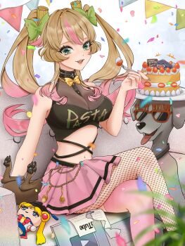 1girl birthday birthday_cake blonde_hair cake food green_eyes highres indie_virtual_youtuber ouo_aoi pastaroniravioli sailor_moon solo virtual_youtuber