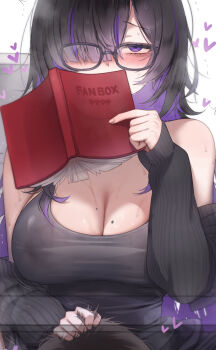 1girl bags_under_eyes black_dress black_hair blush book breasts colored_inner_hair dress glasses goddess_of_victory:_nikke grabbing_another's_hair hair_over_one_eye heart highres holding holding_another's_hair holding_book implied_cunnilingus label_(nikke) large_breasts long_hair mole mole_on_breast multicolored_hair pingpangpongpang purple_eyes purple_hair