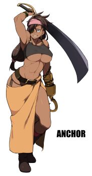 1girl abs accio armpits bad_id bad_pixiv_id bare_shoulders belt blue_eyes breasts brown_hair chain dark-skinned_female dark_skin earrings eyepatch female_focus grin groin headband highres hook_hand hoop_earrings jewelry large_breasts long_hair midriff muscular navel o-ring o-ring_top original panties pirate_costume side-tie_panties simple_background smile solo standing sword thighs toned underboob underwear weapon white_background