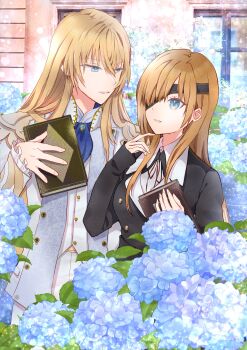 1boy 1girl absurdres ascot black_jacket blonde_hair blue_ascot blue_eyes blue_flower book brooch brown_hair commentary_request commission day eye_contact eyepatch fate/grand_order fate_(series) finger_to_own_chin flower formal_clothes frilled_sleeves frills gold_trim hair_between_eyes hand_up hands_up highres holding holding_book hydrangea index_finger_raised jacket jewelry kirschtaria_wodime long_hair long_sleeves looking_at_another no_gloves one_eye_covered open_clothes open_jacket ophelia_phamrsolone outdoors pants parted_lips second-party_source shiosumi_aya side-by-side skeb_commission sleeves_past_wrists smile suit vest white_jacket white_pants white_suit white_vest