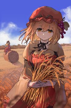 Rule 34 | 2girls, absurdres, aki minoriko, aki shizuha, apron, black ribbon, blonde hair, blue sky, breasts, choker, closed mouth, cloud, commentary, day, food, fruit, grape hat ornament, grapes, hair ornament, hat, highres, holding wheat, large breasts, leaf hair ornament, long sleeves, looking at viewer, mob cap, multiple girls, orange apron, orange eyes, outdoors, ribbon, ribbon choker, shirt, siblings, sisters, sky, smile, touhou, wheat, wide sleeves, yellow shirt, yorange17