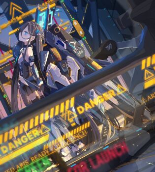 1girl absurdres aris_(blue_archive) aris_(mecha_suit)_(blue_archive) bare_shoulders black_hair blue_archive blue_eyes commentary_request force_(fossan_01) gloves hair_between_eyes halo highres holding long_hair mecha_musume mechanical_wings rectangular_halo sign skirt solo thighhighs twintails very_long_hair warning_sign wings