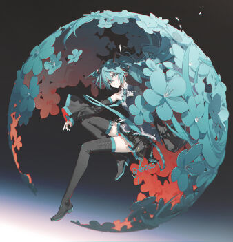 Rule 34 | 1girl, black boots, black skirt, black sleeves, blue eyes, blue flower, blue hair, blue nails, blue necktie, boots, closed mouth, detached sleeves, flower, flower-shaped hair, from side, hair between eyes, hashtag-only commentary, hatsune miku, highres, kieed, long hair, looking at viewer, necktie, shirt, skirt, solo, thigh boots, vocaloid, white shirt