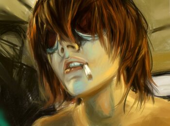 1boy brown_hair cigarette commentary death_note english_commentary goggles highres lips male_focus matt_(death_note) mouth_hold nose photo-referenced portrait ptviel short_hair solo teeth_hold