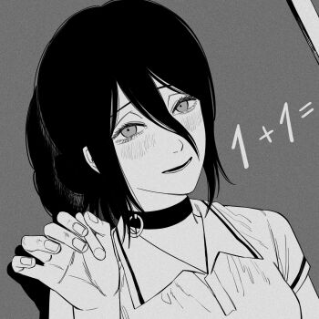 1girl absurdres blush chainsaw_man chalk chalkboard choker collared_shirt dutch_angle fujimoto_tatsuki_(style) greyscale hair_between_eyes highres holding holding_chalk kiunchiku looking_at_viewer lower_teeth_only math monochrome open_mouth reze_(chainsaw_man) school_uniform shirt short_sleeves smile solo teeth upper_body