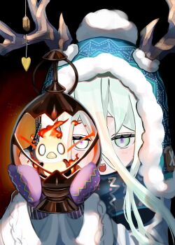 Rule 34 | 1girl, antlers, beanie, bird, blue hat, blue scarf, blush, breasts, earflap beanie, fate/grand order, fate (series), green eyes, green hair, hair between eyes, hat, horns, huo ting, lamp, long hair, long sleeves, looking at viewer, louhi (fate), louhi (second ascension) (fate), mittens, open mouth, purple mittens, scarf, sharp teeth, small breasts, smile, solo, sweater, teeth, white sweater