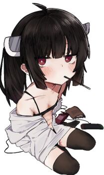 1girl ahoge bag_of_chips black_bra black_hair blunt_bangs blush bra breasts commentary_request food foreshortening handheld_game_console headgear hood hoodie jacket jacket_partially_removed looking_at_viewer navel nutaji pocky red_eyes simple_background sitting small_breasts solo thighhighs touhoku_kiritan underwear voiceroid white_background white_hoodie yokozuwari