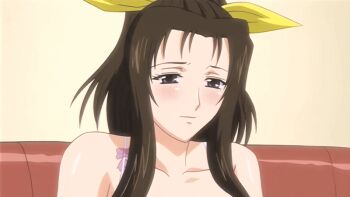 00s 1girl 2008 animated animated_gif anime_screenshot aunt bra breasts brown_hair hair_ribbon high_ponytail housewife large_breasts lingerie long_hair long_sleeves mature_female nipples ponytail removing_bra ribbon saiminjutsu_2 standing tagme takase_shino underwear undressing unworn_clothes yellow_hair_ribbon yellow_ribbon