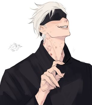 1boy 9enesiass bite_mark bite_mark_on_neck black_shirt blindfold blush fingernails gojou_satoru grin hashtag-only_commentary hickey highres jujutsu_kaisen male_focus sharp_fingernails shirt short_hair simple_background smile solo upper_body white_background white_hair