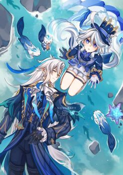 1boy 1girl :o ahoge artist_name ascot asymmetrical_bangs asymmetrical_gloves black_gloves blue_ascot blue_bow blue_coat blue_eyes blue_gem blue_gloves blue_hair blue_hat blue_jacket blue_pants blush bow brooch buttons closed_eyes closed_mouth coat commentary day drop-shaped_pupils english_commentary eyelashes fish frilled_sleeves frills furina_(genshin_impact) gaiters gem genshin_impact gloves gold_trim hair_between_eyes hair_intakes hand_up hat hat_bow heterochromia instagram_logo jacket jewelry lapels leisurely_otter_(genshin_impact) long_hair long_sleeves looking_up lumitoile_(genshin_impact) lying mismatched_gloves mismatched_pupils multicolored_hair neuvillette_(genshin_impact) on_back open_clothes open_jacket open_mouth outdoors pants parted_bangs pointy_ears rock seiza shirt short_shorts shorts sitting sleeping sleeve_cuffs soulc1ty starfish streaked_hair swept_bangs symbol-shaped_pupils thigh_strap thighhigh_gaiters thighhighs top_hat twitter_logo very_long_hair water white_ascot white_gloves white_hair white_shirt white_shorts