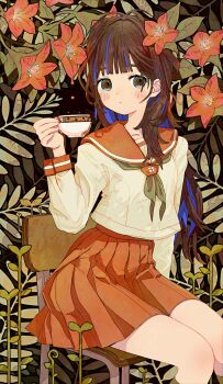 1girl arm_at_side blush brown_hair brown_neckerchief chair closed_mouth commentary cup dot_nose feet_out_of_frame fern flower flower_request hand_up highres holding holding_cup kawamitsu long_hair long_sleeves looking_at_viewer neckerchief on_chair orange_flower orange_sailor_collar orange_skirt original plant pleated_skirt sailor_collar school_chair school_uniform serafuku shirt sitting skirt solo symbol-only_commentary teacup white_shirt