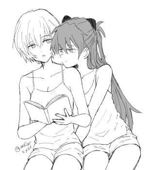 2girls ayanami_rei book graphite_(medium) head_on_another's_shoulder holding holding_book long_hair multiple_girls mutsu_(layergreen) neon_genesis_evangelion short_hair shorts simple_background sketch souryuu_asuka_langley tank_top traditional_media twintails twitter_username white_background yuri