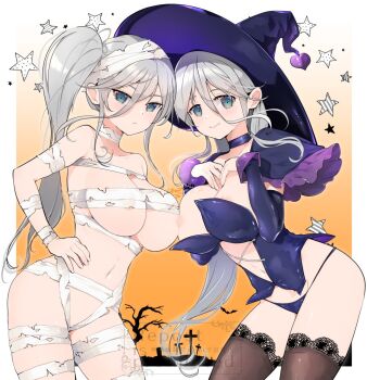 2girls alternate_costume alternate_hairstyle aqua_eyes areola_slip asymmetrical_docking bandage_on_hair bandaged_arm bandaged_chest bandaged_head bandaged_leg bandaged_torso bandages black_capelet black_leotard black_panties black_thighhighs breast_press breasts capelet cleavage closed_mouth commentary commission covered_erect_nipples dot_mouth fur-trimmed_capelet fur_trim gekkou_(senran_kagura) graveyard grey_hair hair_between_eyes halloween halloween_costume hand_on_own_hip happy_halloween hat kinako_(mzknk0) lace lace-trimmed_thighhighs lace_trim large_hat leotard long_hair multiple_girls mummy mummy_costume naked_bandage navel panties senkou_(senran_kagura) senran_kagura siblings side_ponytail sisters skeb_commission smile star_(symbol) string_panties thighhighs underwear witch witch_hat