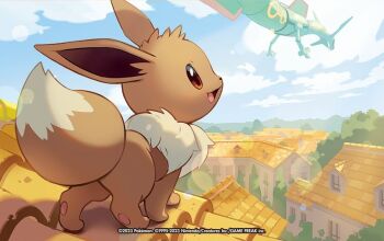 animal_focus blanco026 blue_sky brown_eyes building cloud commentary company_name copyright_name copyright_notice day dragon eevee english_commentary flying gen_1_pokemon gen_3_pokemon legendary_pokemon lens_flare nintendo no_humans official_art on_roof open_mouth outdoors pokemon pokemon_(creature) pokemon_focus pokemon_tcg rayquaza sky smile solo_focus third-party_source tree