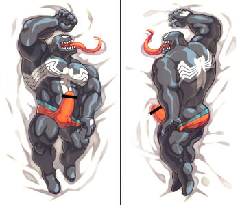 1boy artist_request ass_peek bar_censor bara bed_sheet briefs censored covered_penis dakimakura_(medium) erection from_above full_body highres large_pectorals long_tongue looking_at_viewer lying male_focus male_underwear marvel monster_boy muscular muscular_legs muscular_male on_back pectorals presenting saliva sharp_teeth skin_tight strongman_waist symbiote teeth thighs tongue tongue_out underwear venom_(marvel)